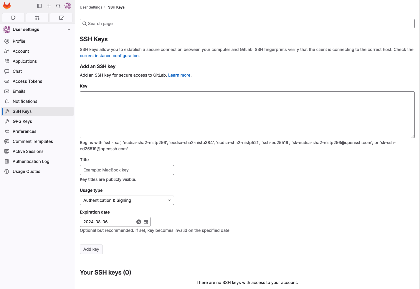 GitLab Profile Add SSH Key