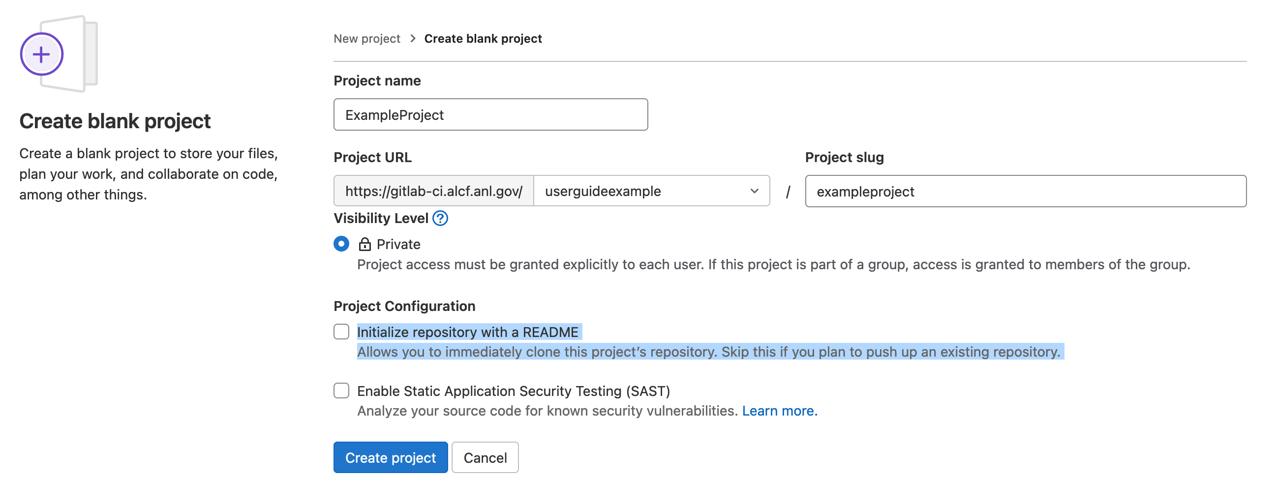 GitLab Create Blank Project